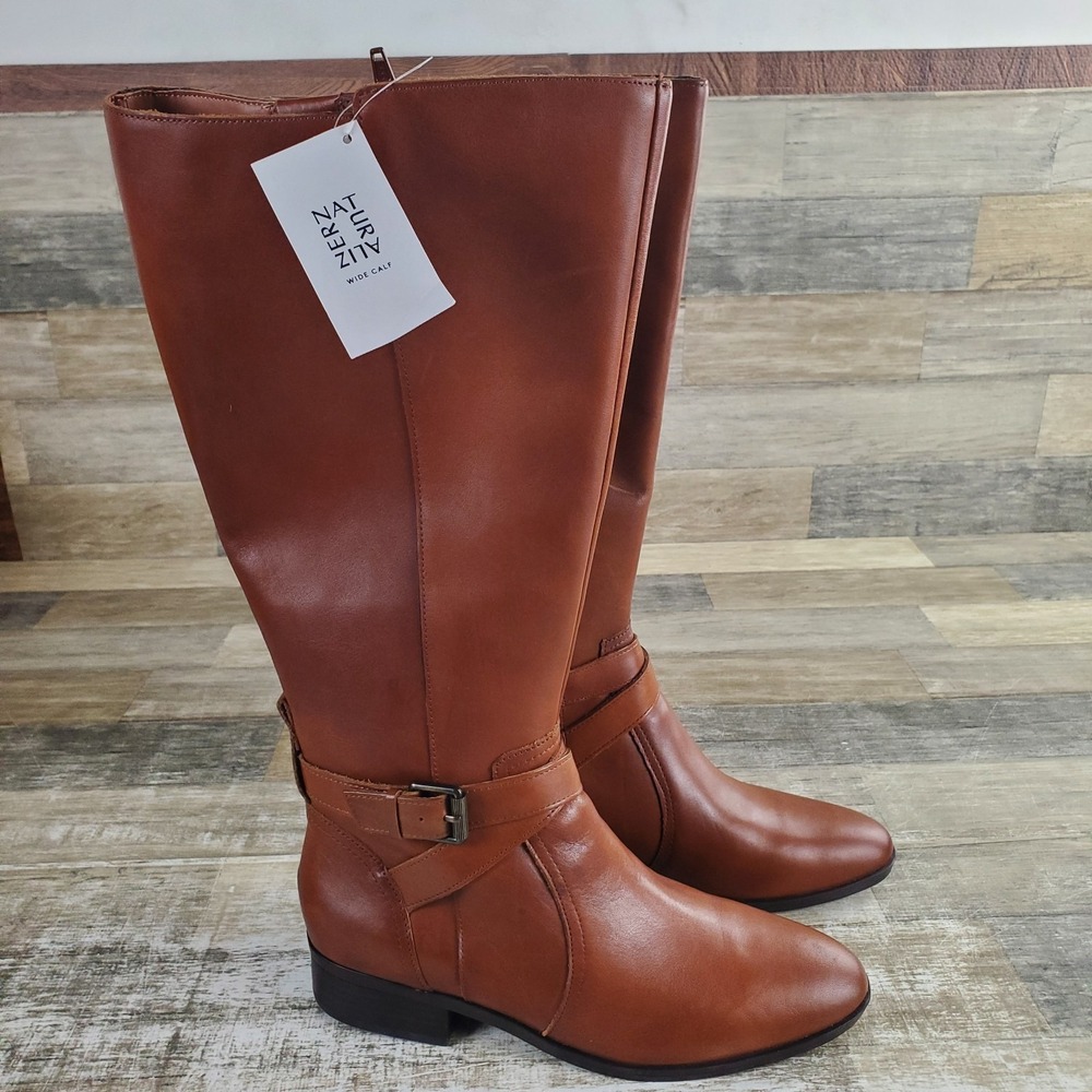 Naturalizer Rena Women Wide Calf Boots Sz 9 M Brown Leather Comfort Ankle Buckle